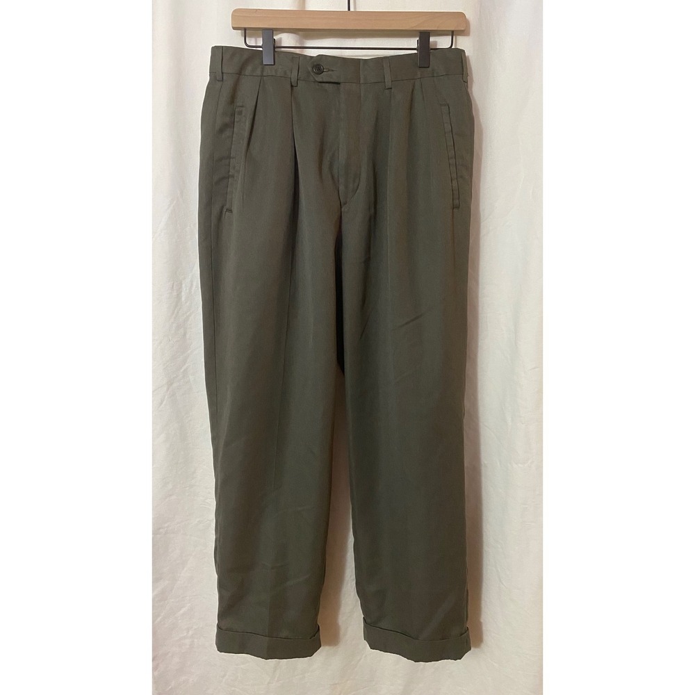 Chaps Ralph Lauren Mens Olive Green/Grey Pleated Trousers Pants 32x32